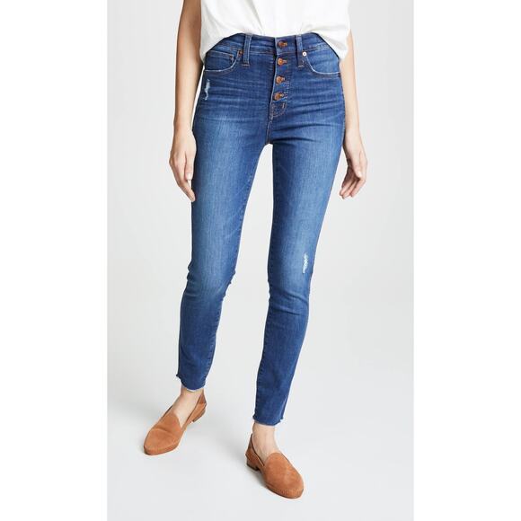 Madewell 10" High Rise Skinny Jeans 25 Button Front Raw Hem Distressed - Picture 1 of 7